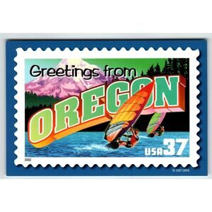 Greetings From Oregon Large Letter Chrome Postcard USPS 2001 Wind Surf Sailing